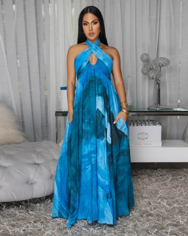 Beata Turquoise Multi-Color Print Pleated Maxi Dress sold by Chic Couture
