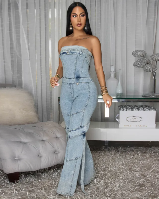 Orena Stone Acid Wash Denim Strapless Cargo Jumpsuit sold by Chic Couture