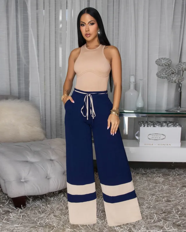 Teagan Navy-Blue Nude Trim Silky Pants sold by Chic Couture