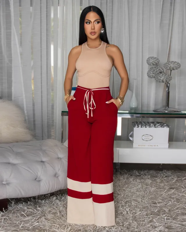 Teagan Burgundy Nude Trim Silky Pants sold by Chic Couture
