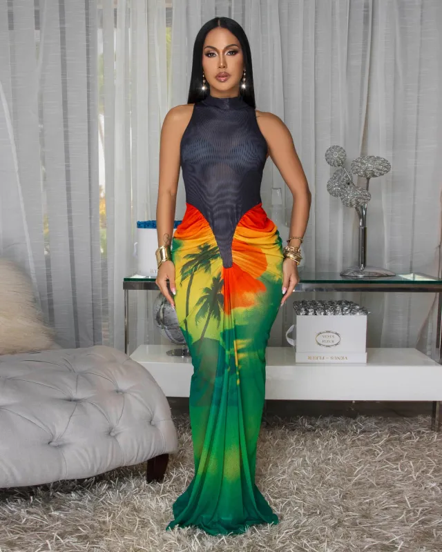 Farrane Black Green Multi-Color Mesh Maxi Dress sold by Chic Couture