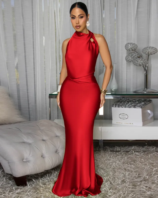 Dahlia Red Draped Halter Maxi Dress (9/3/25) sold by Chic Couture