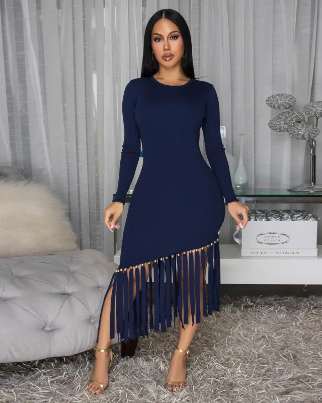 Oualie Navy-Blue Fringe Knit Midi Dress sold by Chic Couture