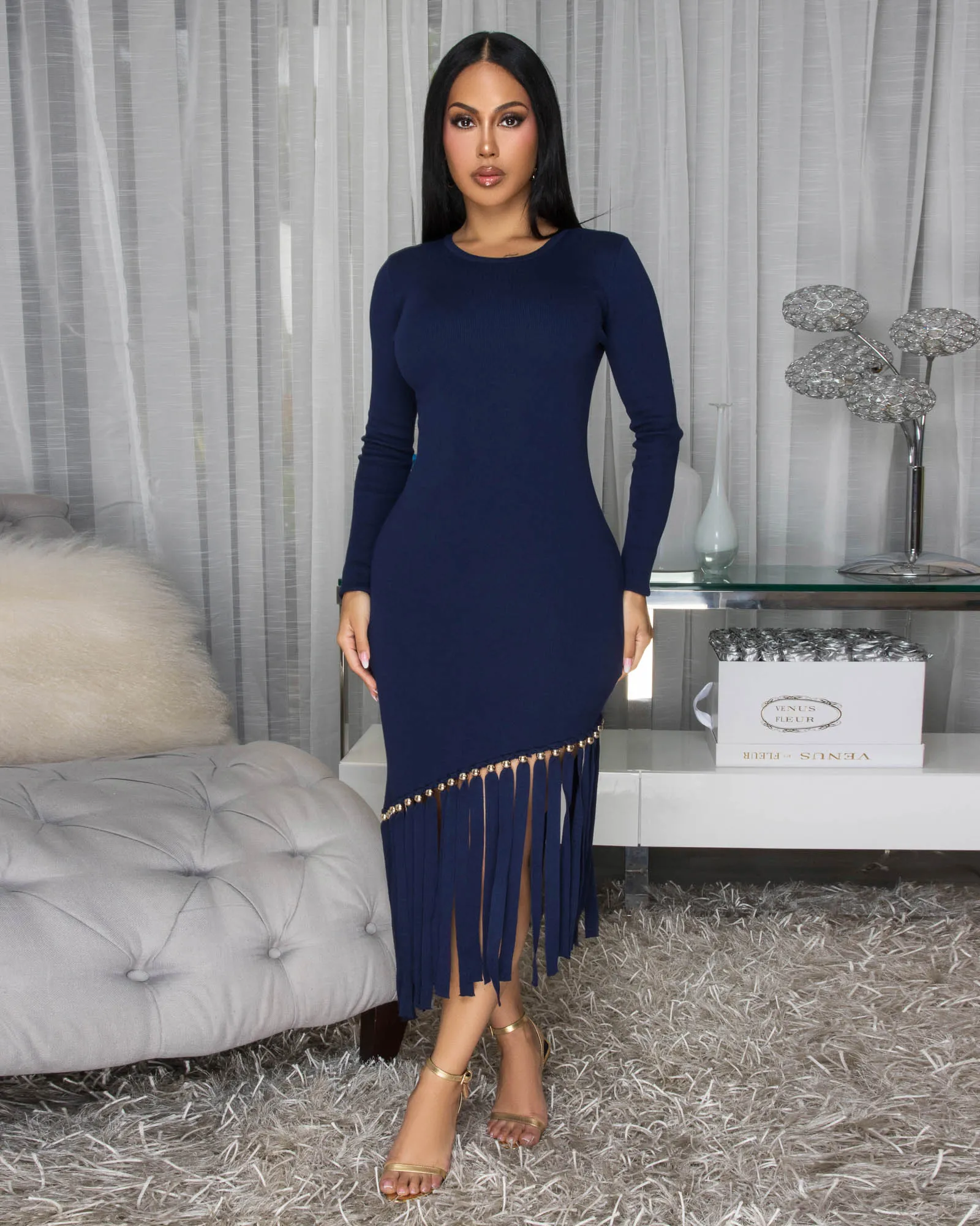 Oualie Navy-Blue Fringe Knit Midi Dress sold by Chic Couture product image thumbnail 2