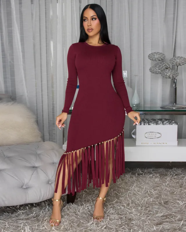 Oualie Burgundy Fringe Knit Midi Dress sold by Chic Couture