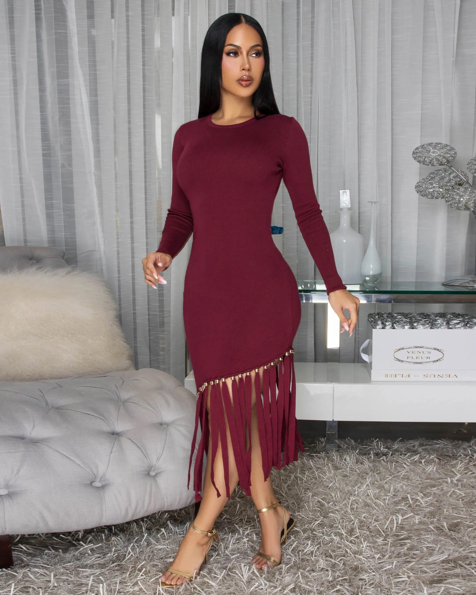 Oualie Burgundy Fringe Knit Midi Dress sold by Chic Couture product image thumbnail 2
