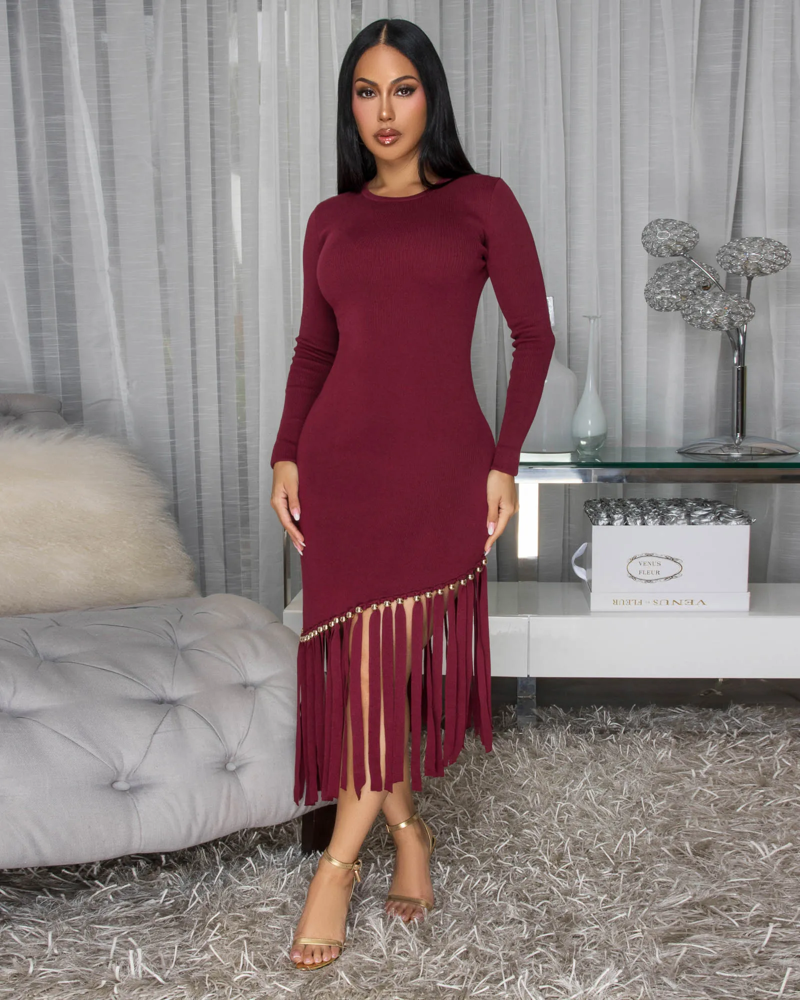 Oualie Burgundy Fringe Knit Midi Dress sold by Chic Couture product image thumbnail 3