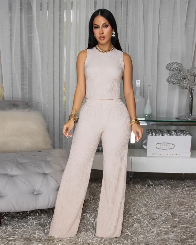 Katye Beige Front Crop Top & Wide Pants Textured Set sold by Chic Couture