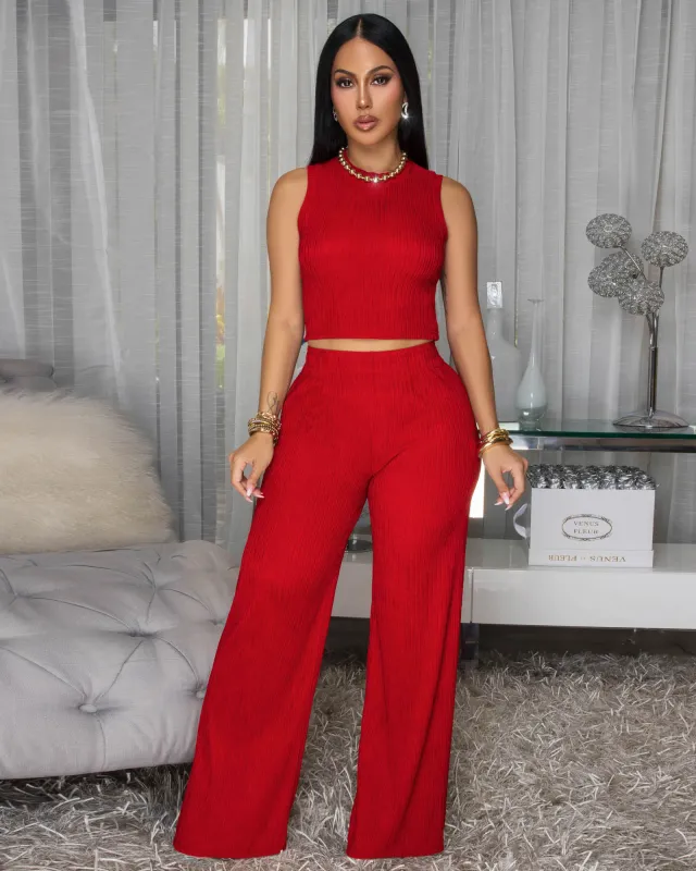Katye Red Front Crop Top & Wide Pants Textured Set sold by Chic Couture