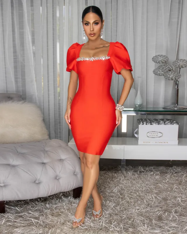 Alaia Tomato Red Puffy Sleeves Rhinestones Decor Bandage Dress sold by Chic Couture