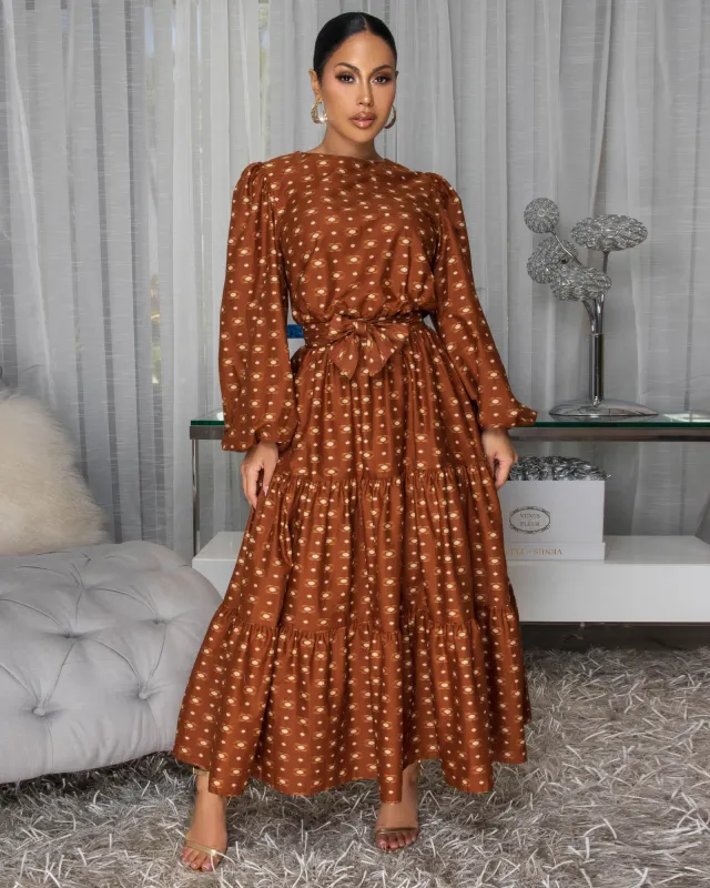 Primose Mocha Beige Print Midi Dress sold by Chic Couture
