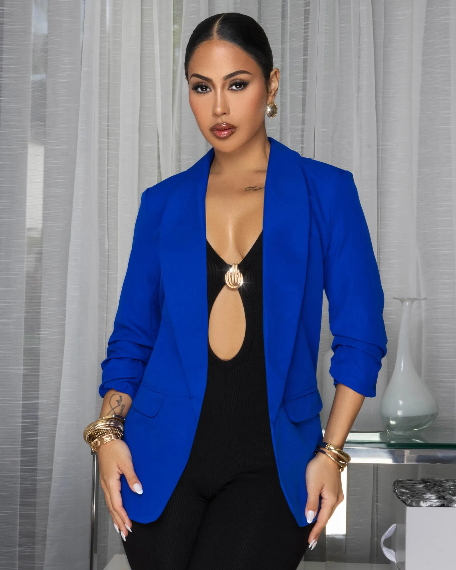 Drecka Royal-Blue Ruched Sleeves Blazer sold by Chic Couture