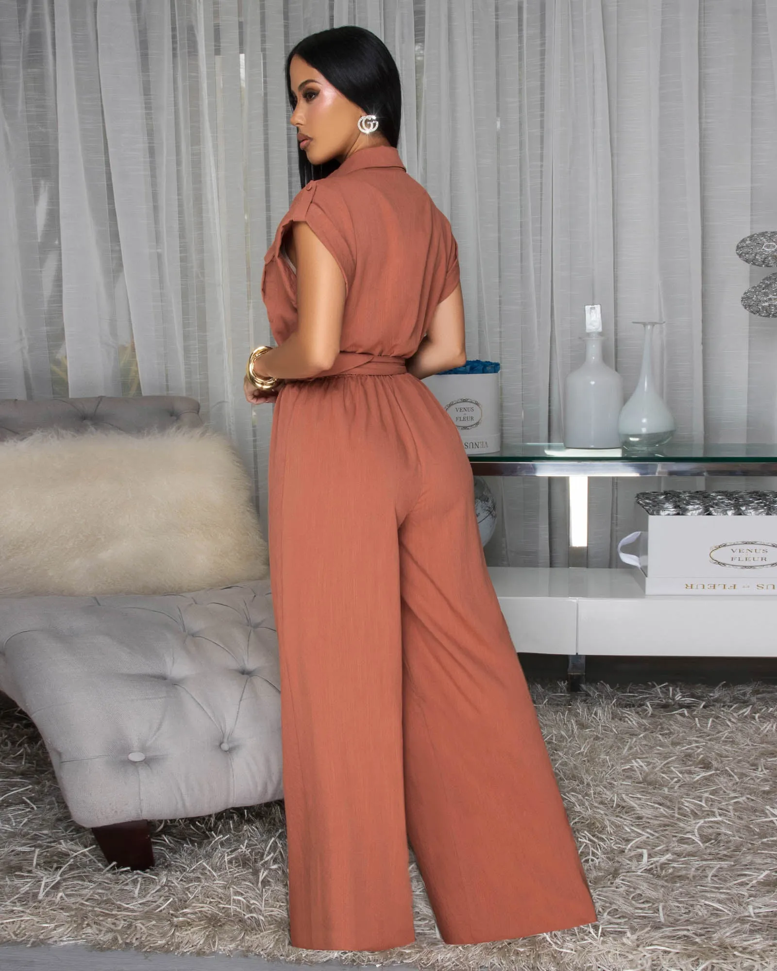 Namara Rust Cargo Belted Jumpsuit sold by Chic Couture product image thumbnail 4