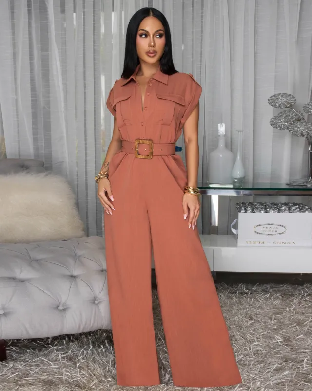 Namara Rust Cargo Belted Jumpsuit sold by Chic Couture