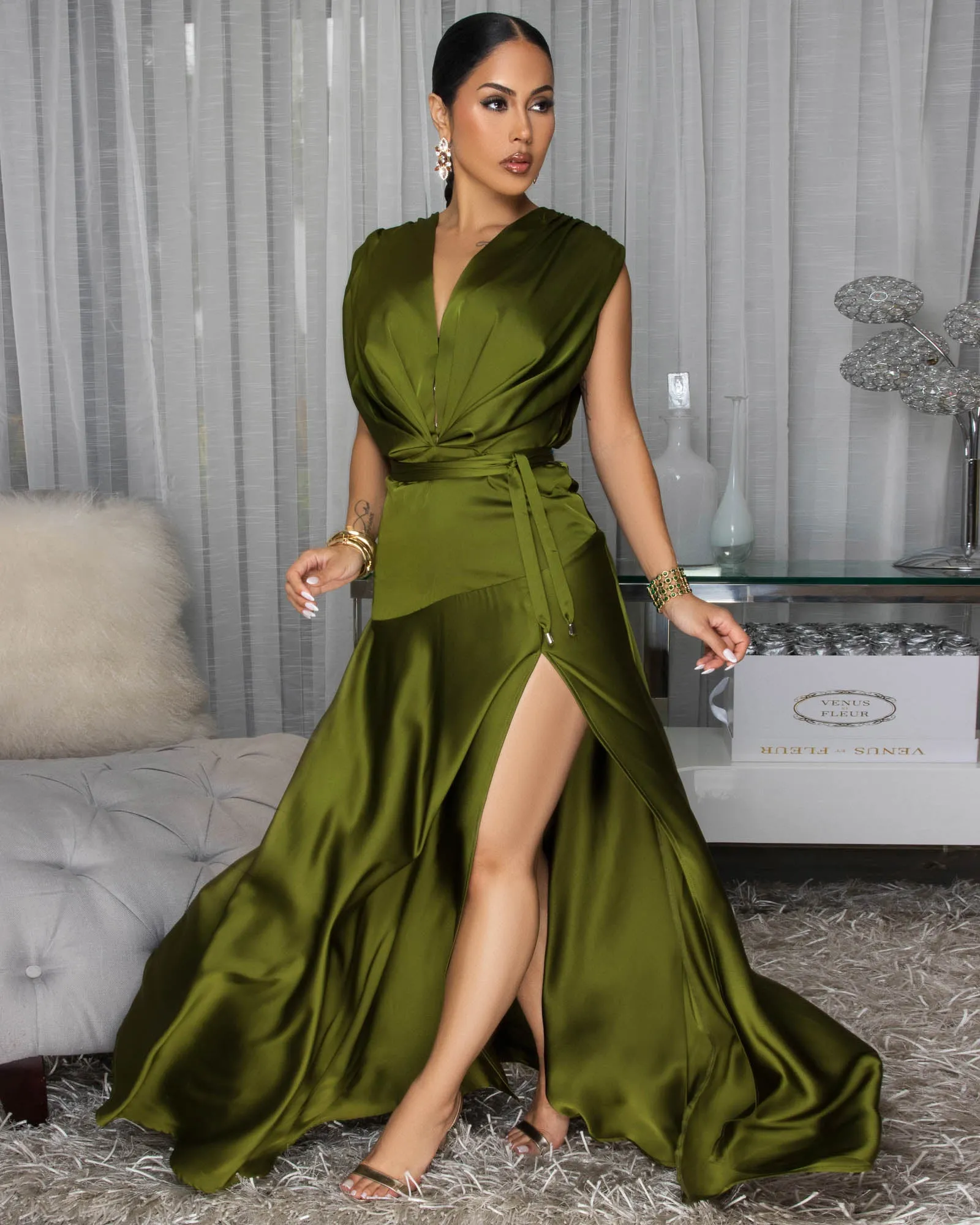 Savannah Deep Green Sleeveless Silky Maxi Dress sold by Chic Couture product image thumbnail 3