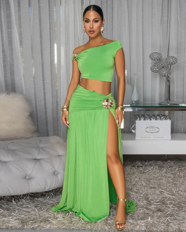 Venezia Green Gold Broach Top & Maxi Skirt Set sold by Chic Couture