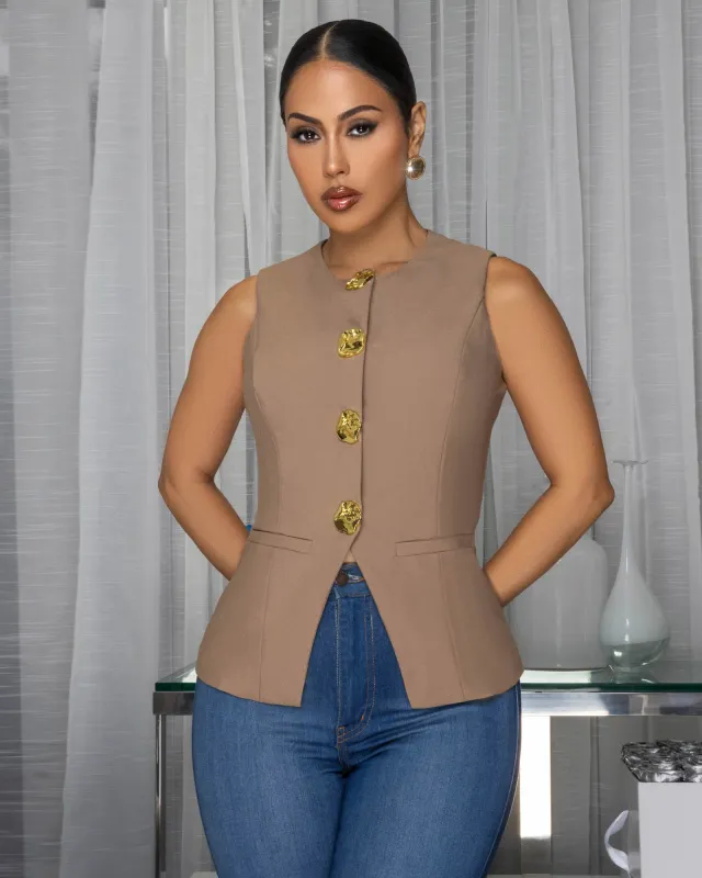 Nadri Toffee Gold Buttons Vest sold by Chic Couture
