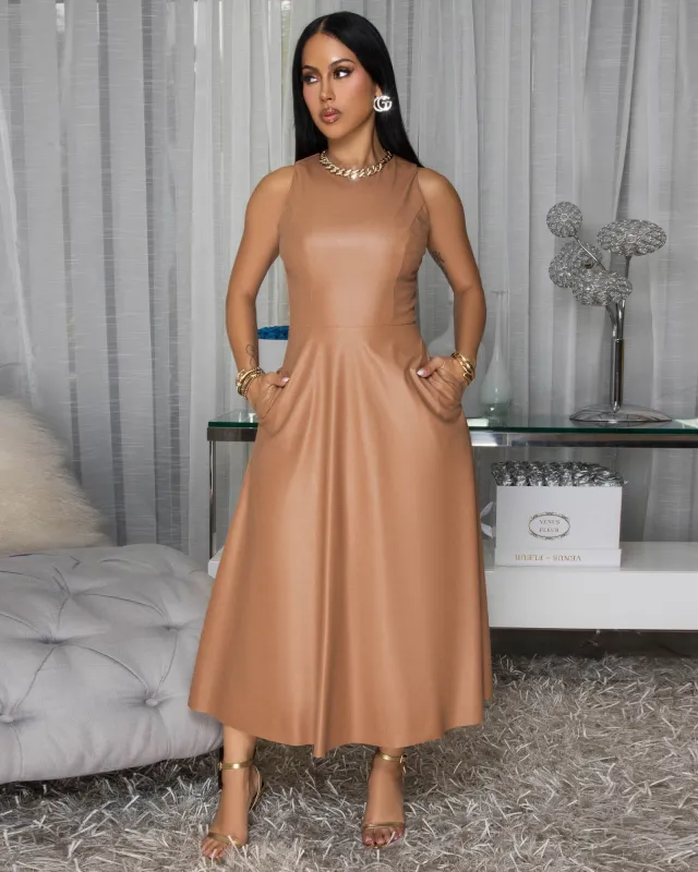 Rhoe Camel Faux Leather Midi Dress sold by Chic Couture