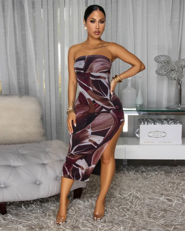 Paloma Brown Hues Mesh Strapless Midi Dress sold by Chic Couture