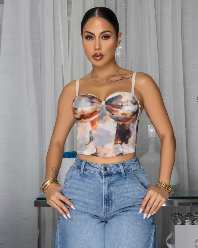Ariannie Nude Multi-Color Floral Bustier Top sold by Chic Couture