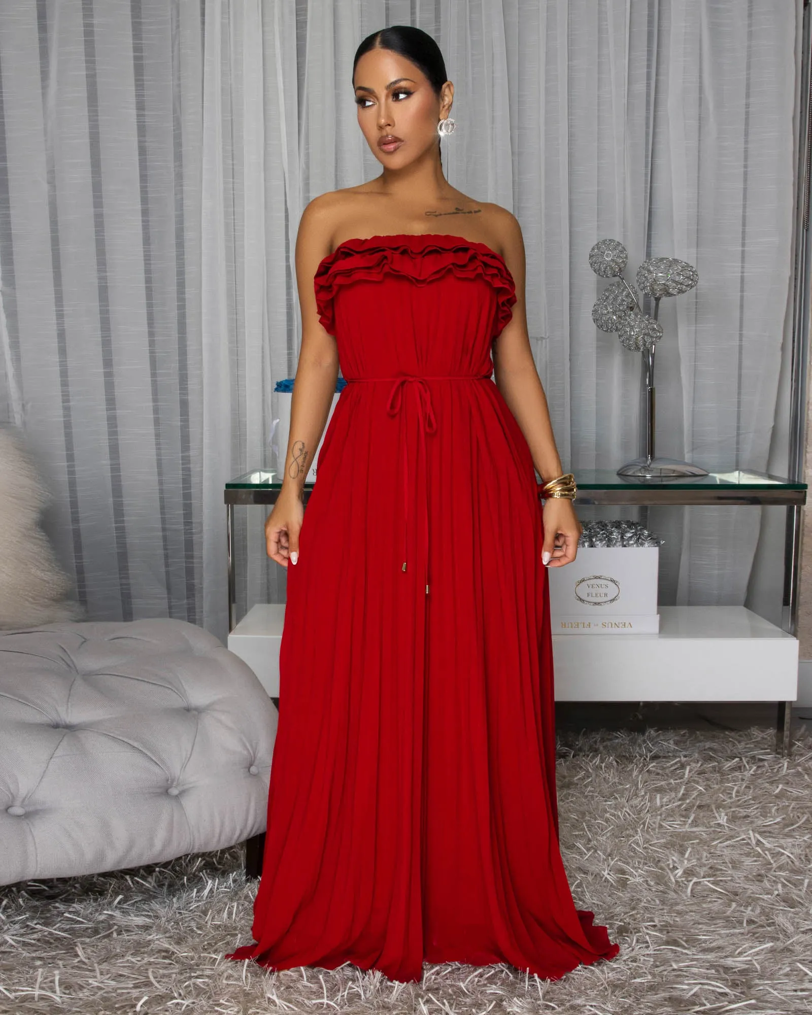 Sophonie Wine Red Pleated Strapless Maxi Dress sold by Chic Couture