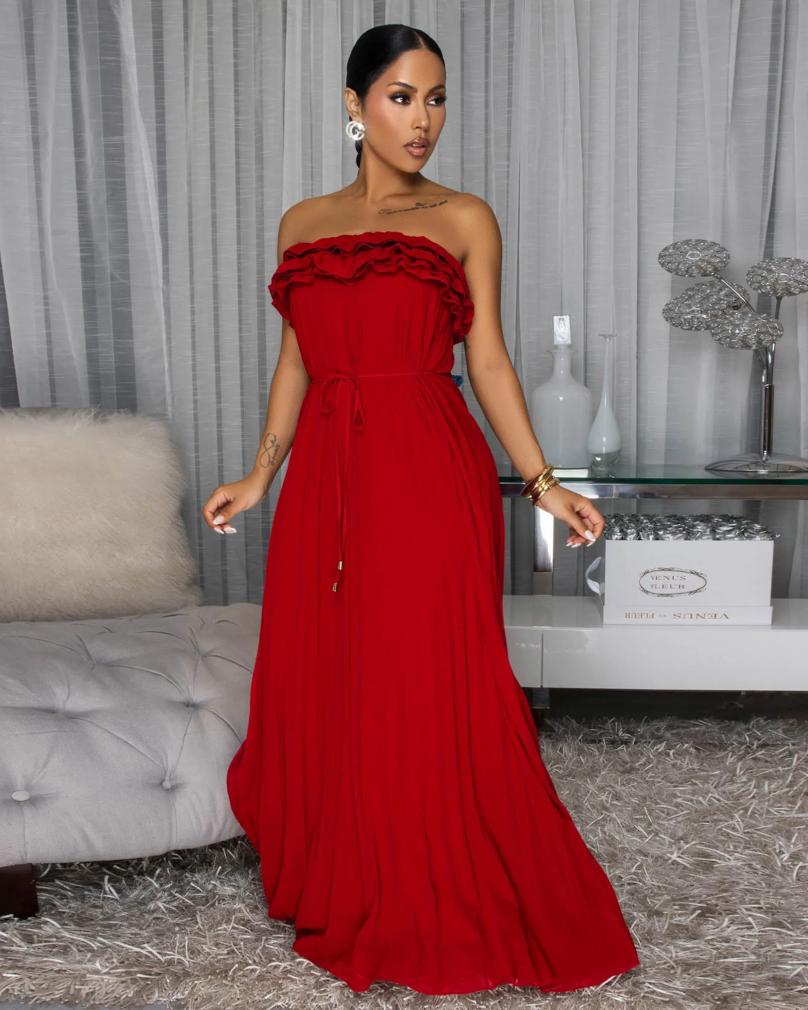 Sophonie Wine Red Pleated Strapless Maxi Dress sold by Chic Couture product image thumbnail 2