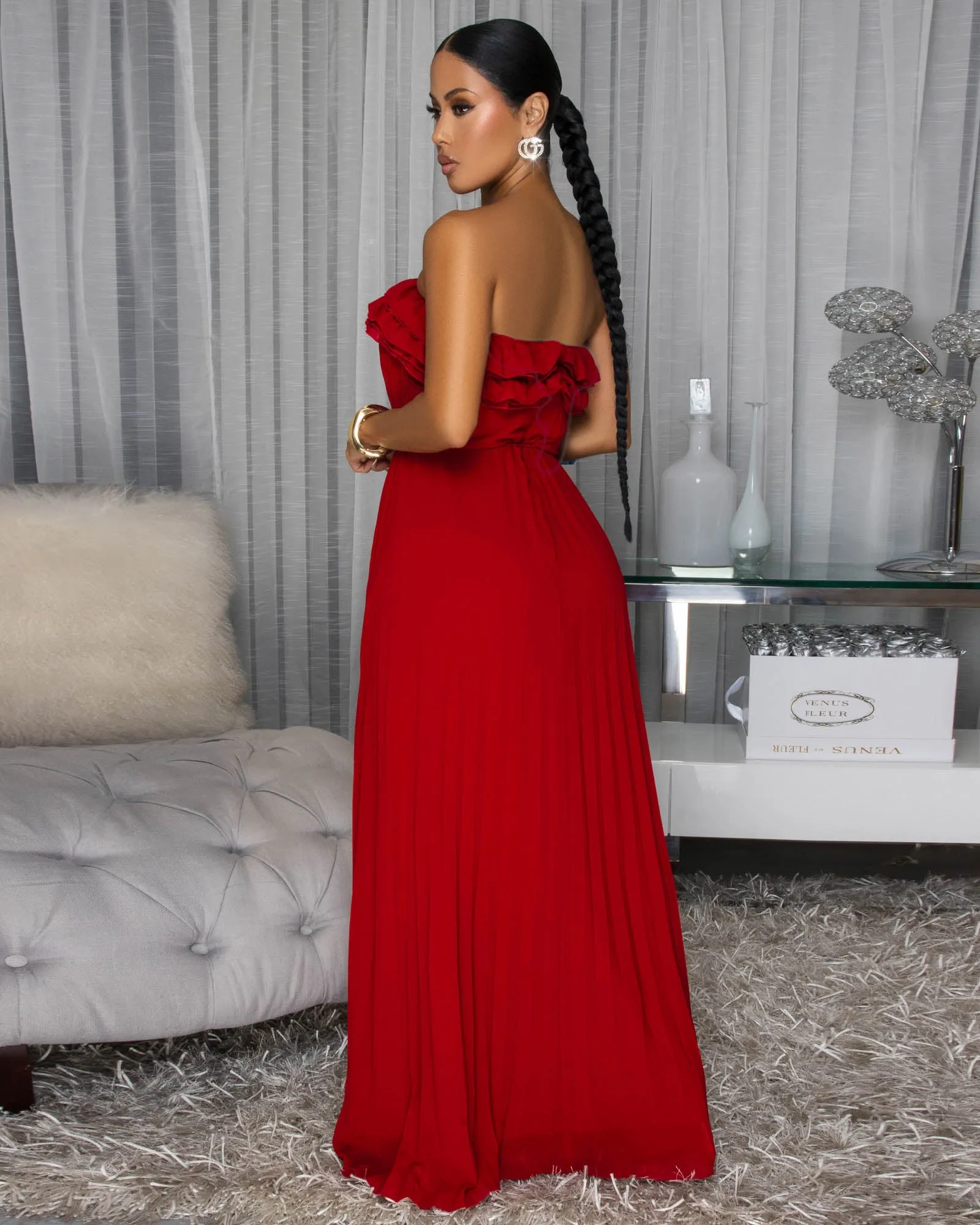 Sophonie Wine Red Pleated Strapless Maxi Dress sold by Chic Couture product image thumbnail 4