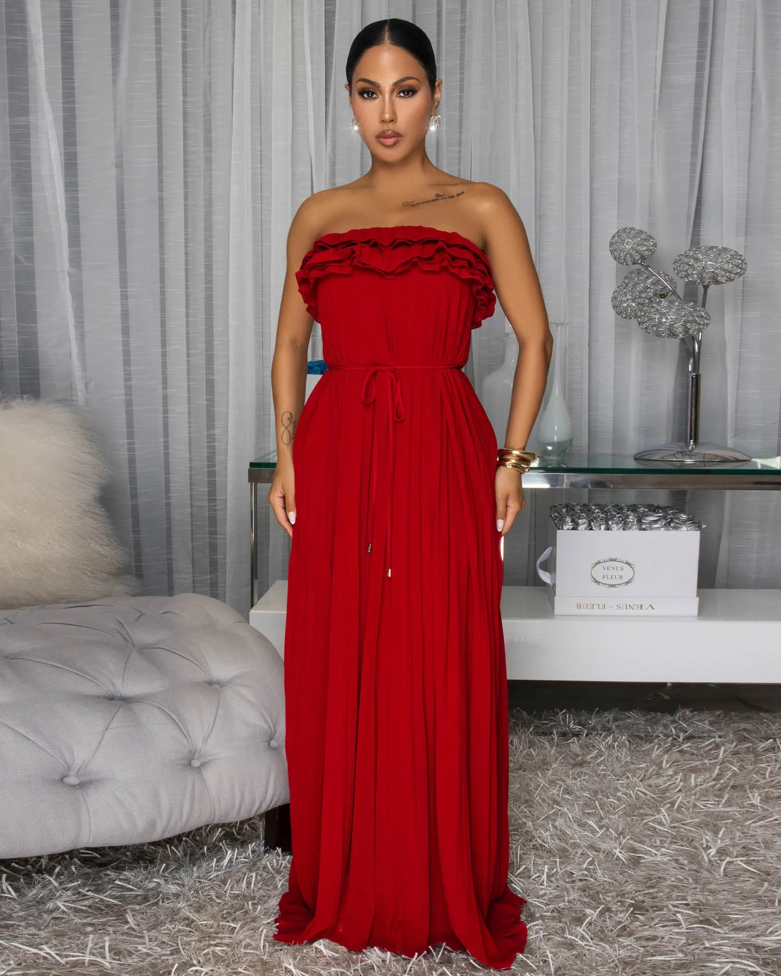 Sophonie Wine Red Pleated Strapless Maxi Dress sold by Chic Couture product image thumbnail 3