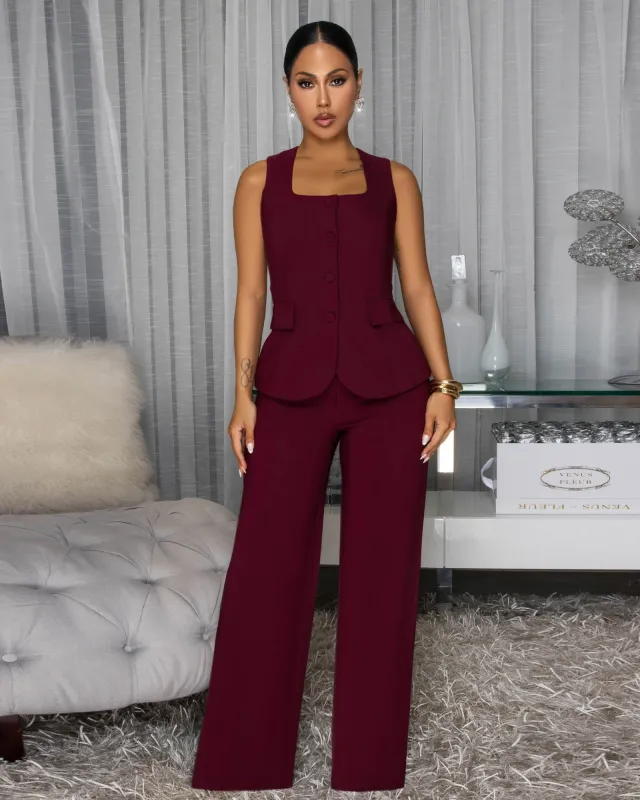 Zelinda Wine Red Woven Vest & Pants Set sold by Chic Couture