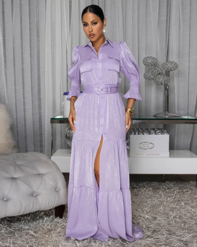 Nelly Lavender High Shine Belted Maxi Dress sold by Chic Couture
