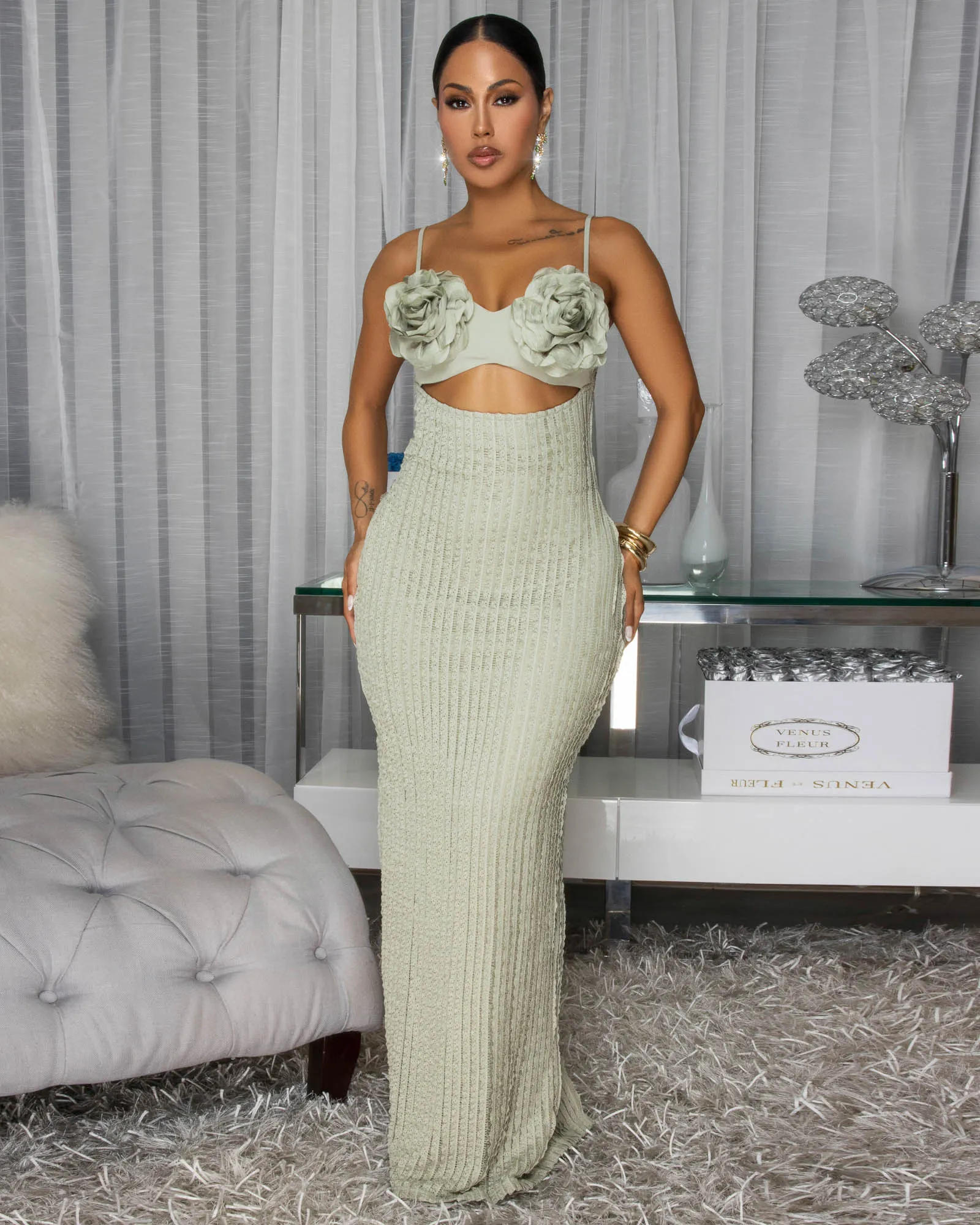 Sevyn Sage Green Crochet Knit Maxi Dress sold by Chic Couture