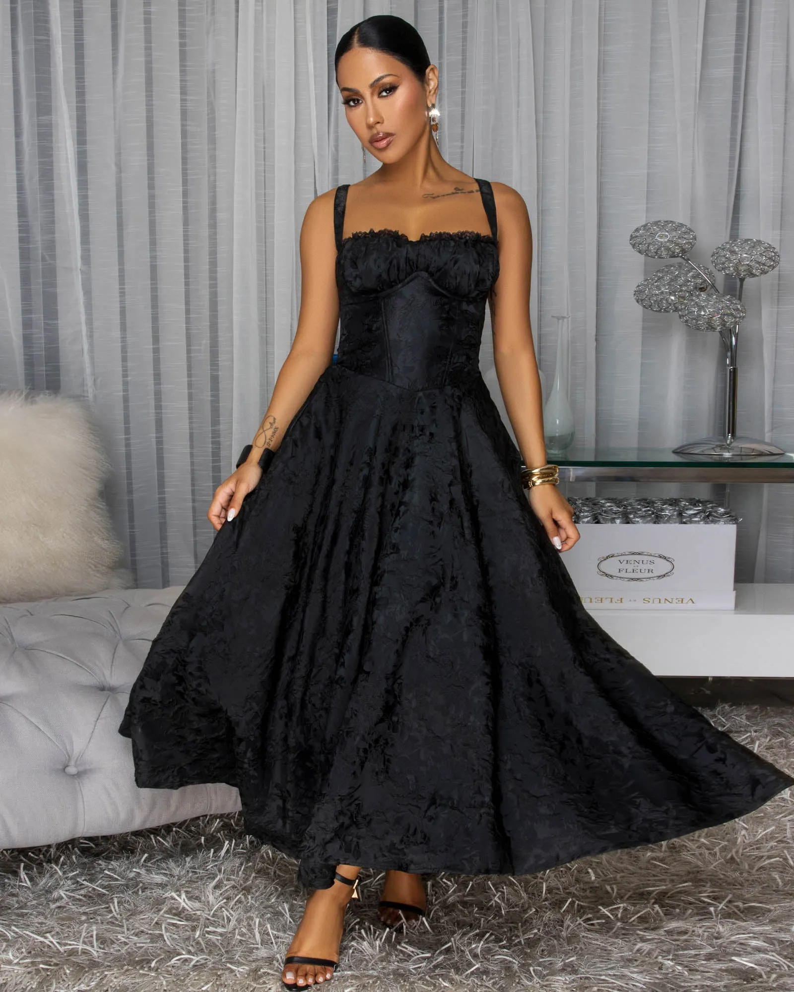 Abigale Black Floral Imprint Midi Dress sold by Chic Couture product image thumbnail 3