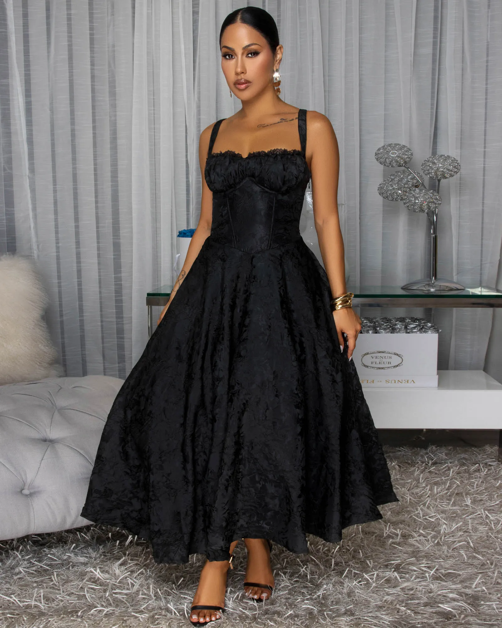 Abigale Black Floral Imprint Midi Dress sold by Chic Couture