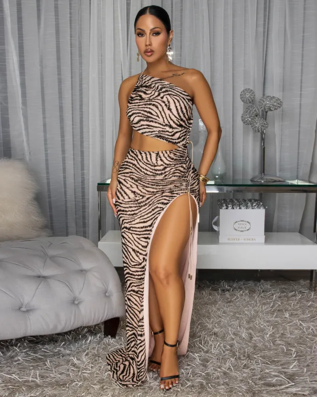 Iyana  Peach Black Cut-Out Mesh Maxi Dress sold by Chic Couture