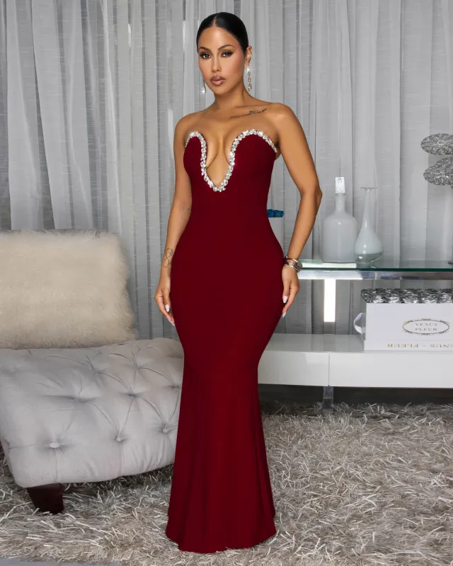 Polly Wine Red Rhinestones Low Cut Maxi Dress sold by Chic Couture