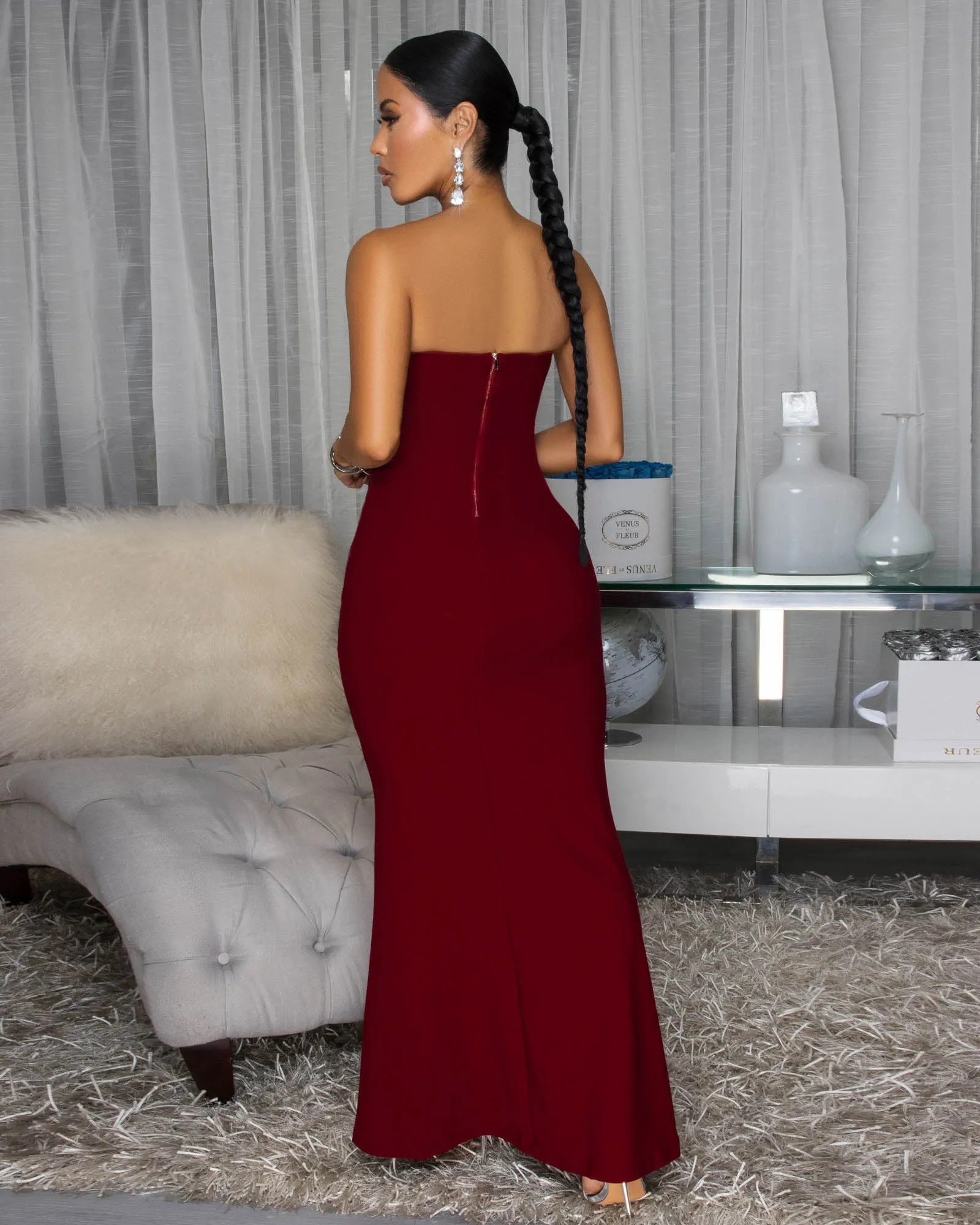 Polly Wine Red Rhinestones Low Cut Maxi Dress sold by Chic Couture product image thumbnail 3