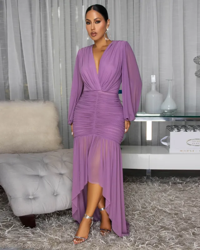 Brandi Mauve Hi-Low Mesh Maxi Dress sold by Chic Couture