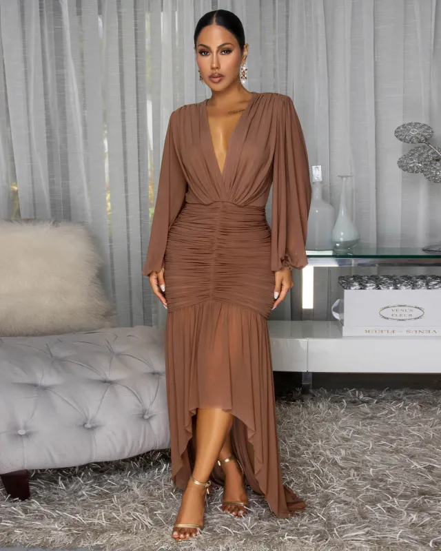 Brandi Mocha Hi-Low Mesh Maxi Dress sold by Chic Couture