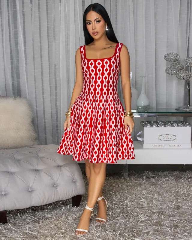 Cannia Red White Print Knit Skater Dress sold by Chic Couture
