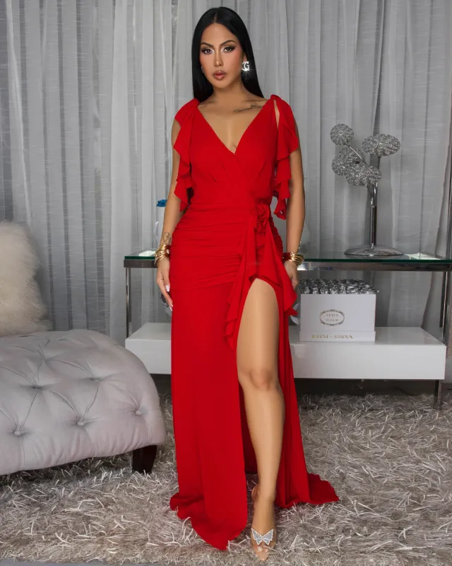 Abiankah Red Ruffle Slit Maxi Dress sold by Chic Couture