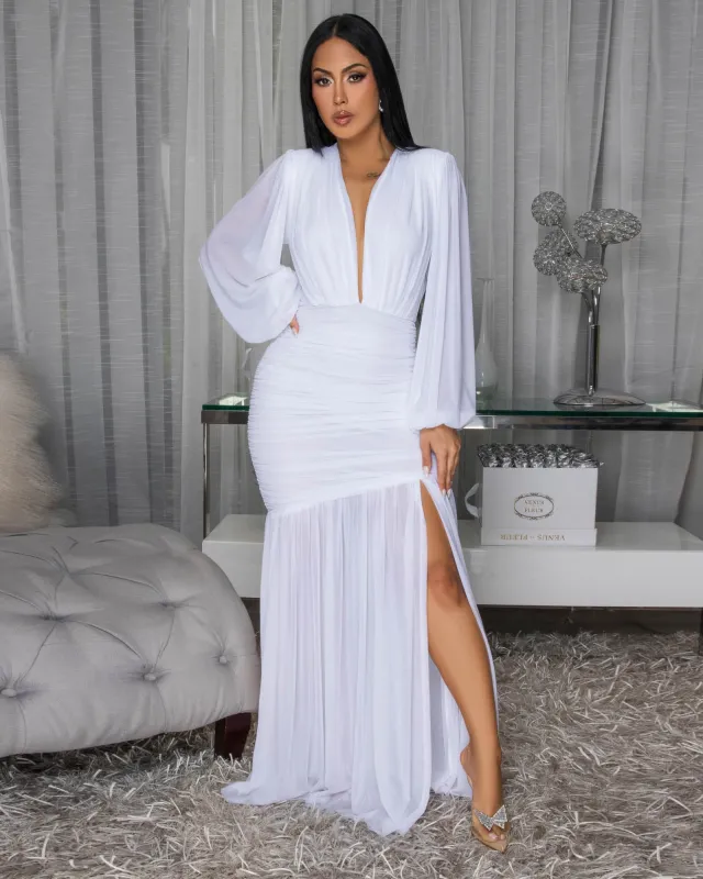 Brandi White Hi-Low Mesh Maxi Dress sold by Chic Couture