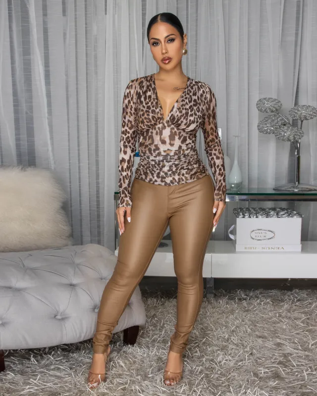 Eldone Camel Faux Leather High-Waist Pants sold by Chic Couture