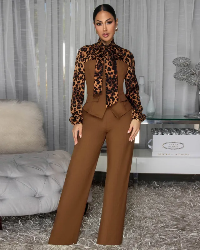Solaris Mocha Leopard Print Jacket & Pants Set sold by Chic Couture