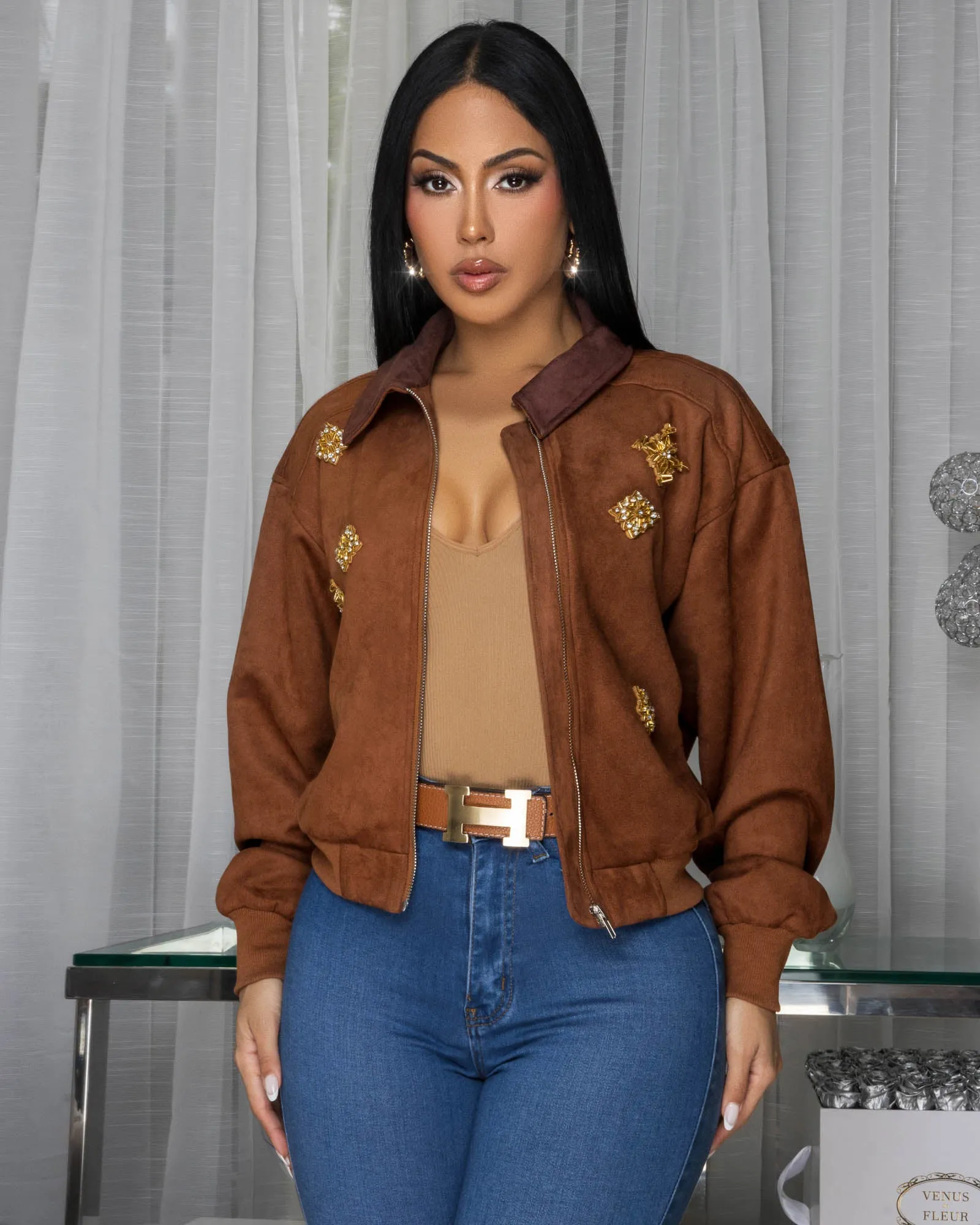 Palmita Camel Decor Accents Faux Suede Bomber Jacket sold by Chic Couture product image thumbnail 3