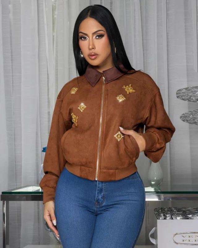 Palmita Camel Decor Accents Faux Suede Bomber Jacket (10/9/2025) sold by Chic Couture