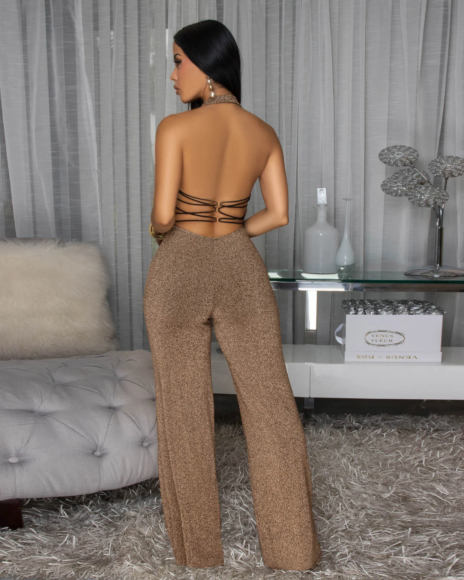 Lena Gold Shimmer Backless Jumpsuit sold by Chic Couture product image thumbnail 3