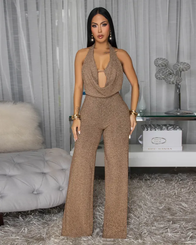 Lena Gold Shimmer Backless Jumpsuit sold by Chic Couture