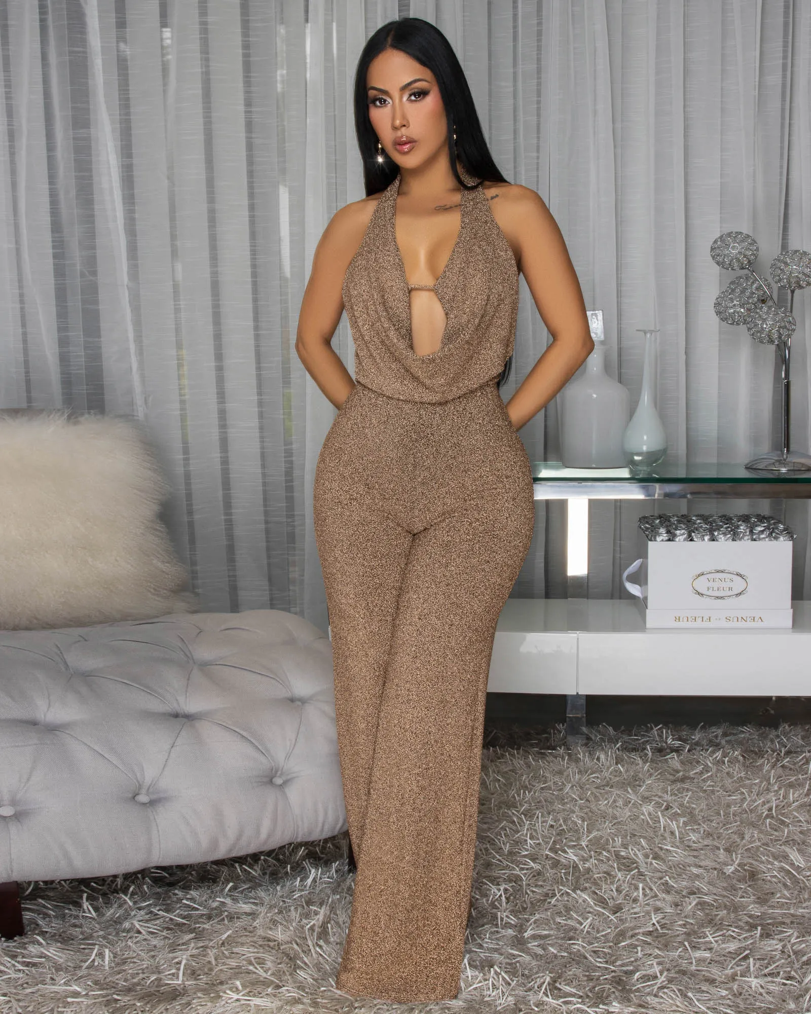Lena Gold Shimmer Backless Jumpsuit sold by Chic Couture product image thumbnail 2
