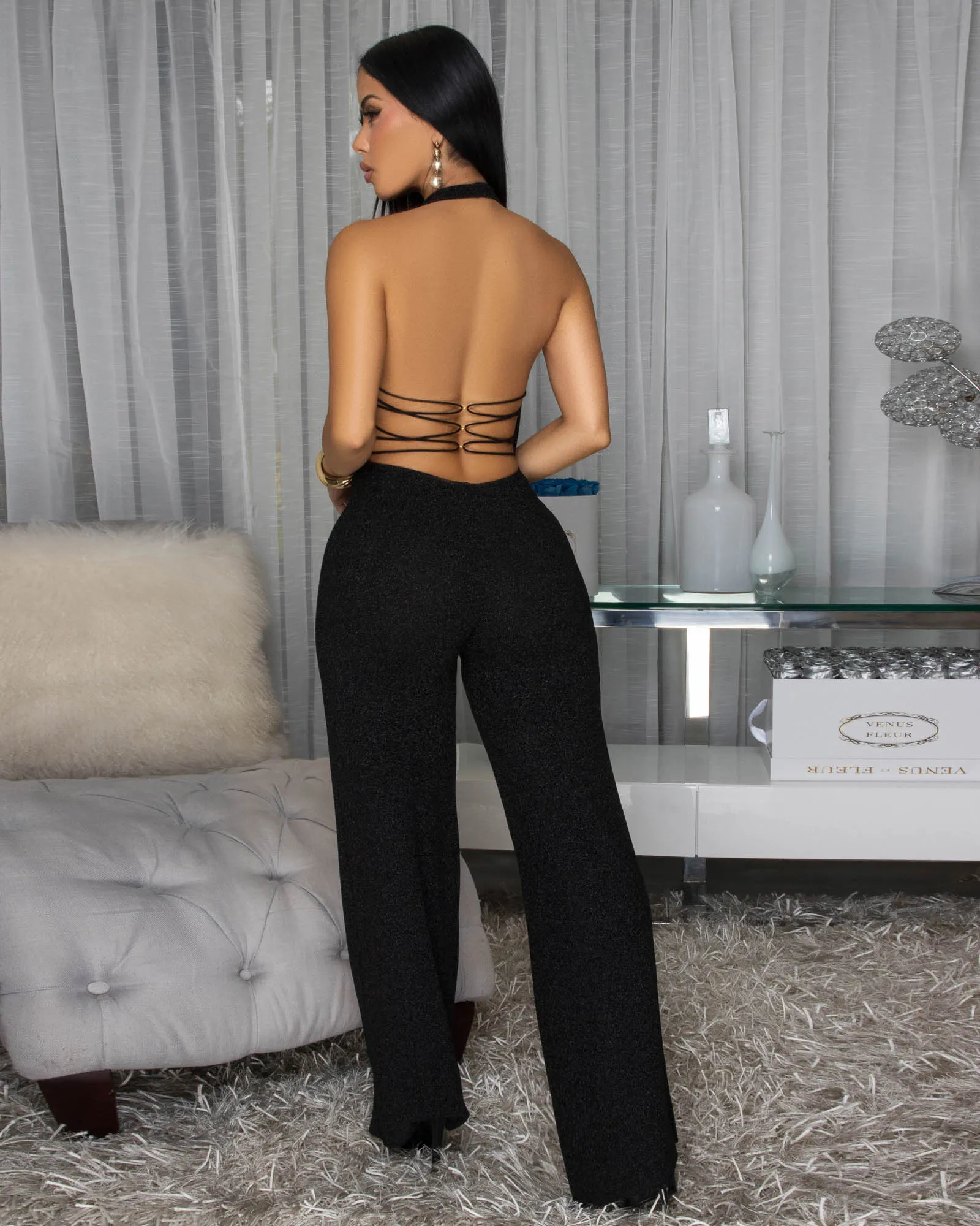 Lena Black Shimmer Backless Jumpsuit sold by Chic Couture product image thumbnail 3