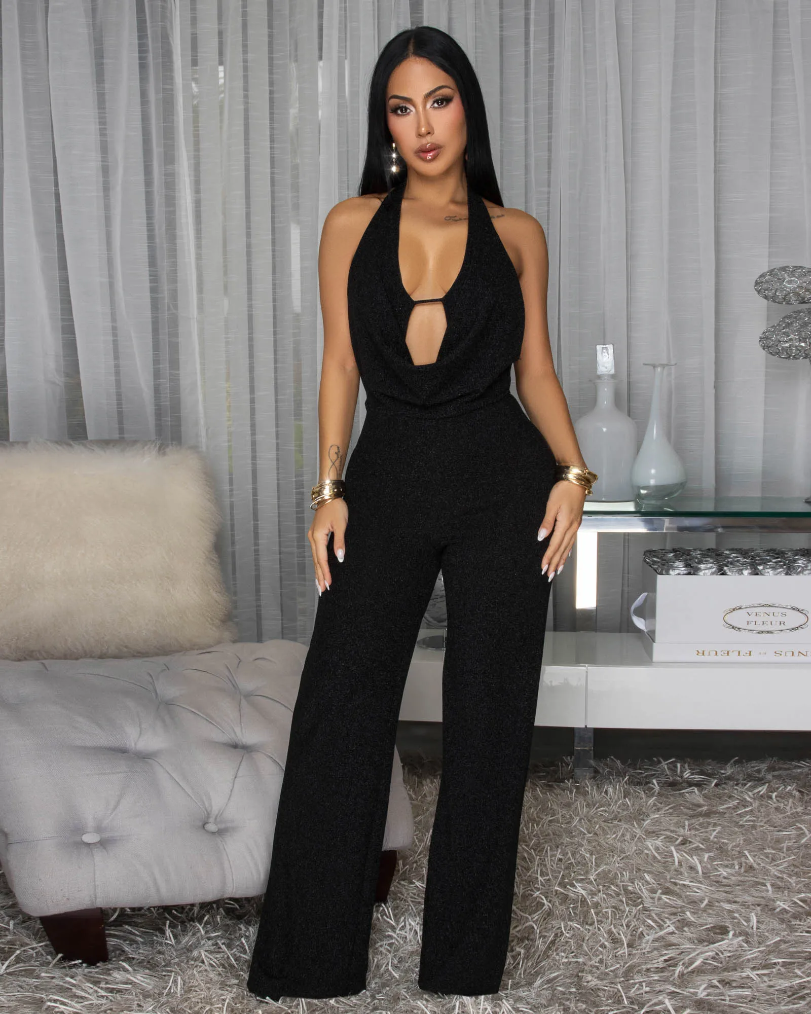 Lena Black Shimmer Backless Jumpsuit sold by Chic Couture